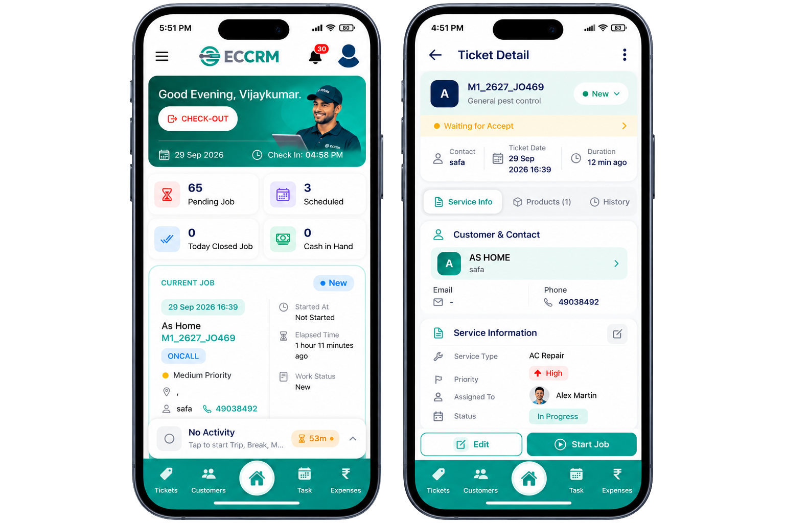 ECCRM Service Management Software mobile app showing field service operations